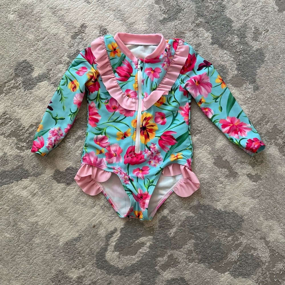 Pink and Blue One Piece Swimwear with Ruffled Details